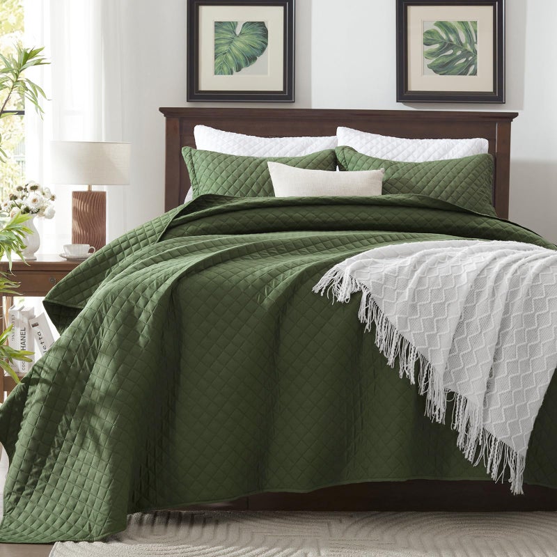 SunStyle Home Quilts Queen Size Olive Green, Lightweight Comforter Bedspreads, Full Queen Size Quilt Bedding Set, Durable Quilted Stitching Coverlet with 2 Pillow Shams Diamond All Seasons 3pcs - Image 5